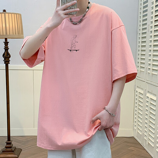 叮噜鱼宽松男士短袖重磅T恤男夏季港风上衣服凉感透气青少年五分半袖男t 3899灰色 L (约140-160斤可穿)