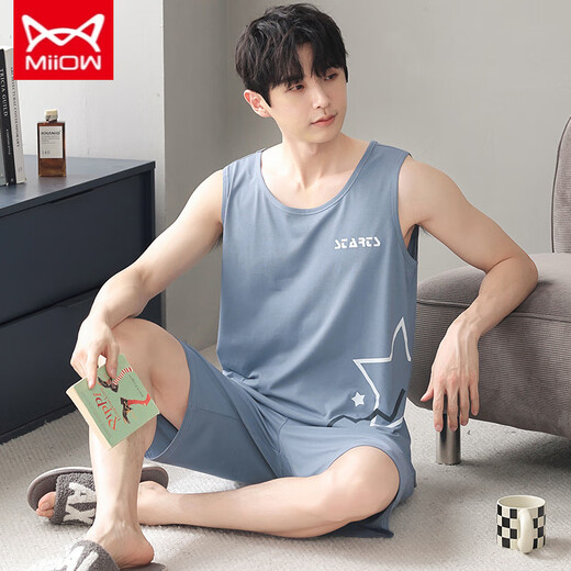 Catman Miiow Mend's Modal Pajamas Summer Shevel Shews Suit Vest Occasiter Loose Home Costume Short Mancheve Outdoor NS 9207 L 100-120JIN [Jin est égal à 0,5 kg]