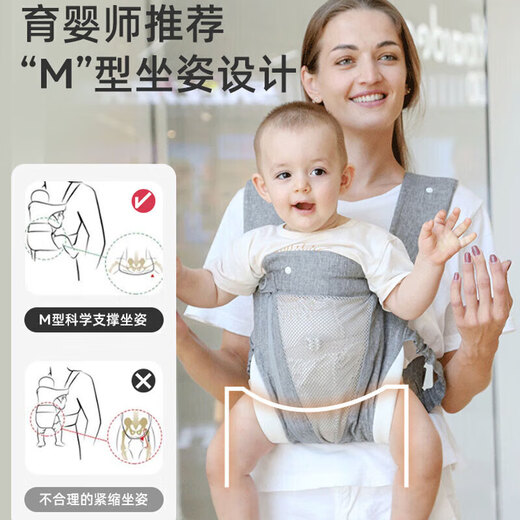 COOKSS婴儿背带抱娃神器婴儿双肩前抱式宝宝大童0-3岁简易纯棉防晒透气 卡斯灰可拆式护头