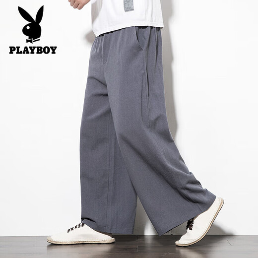Playboy (PLAYBOY) Chinese style men's linen pants loose cotton linen wide-leg pants skirt retro large size harem pants spring and summer straight men's pants black 5XL size