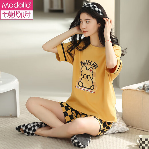 Modal Summer El juego de pijamas a cuadros de algodón de algodón de manga corta para mujeres se puede usar ropa de hogar de estilo coreano de algodón puro dulce de verano se puede usar fuera de Y9859 m (recomendado 75-95Jin [Jin es igual a 0.5 kg])