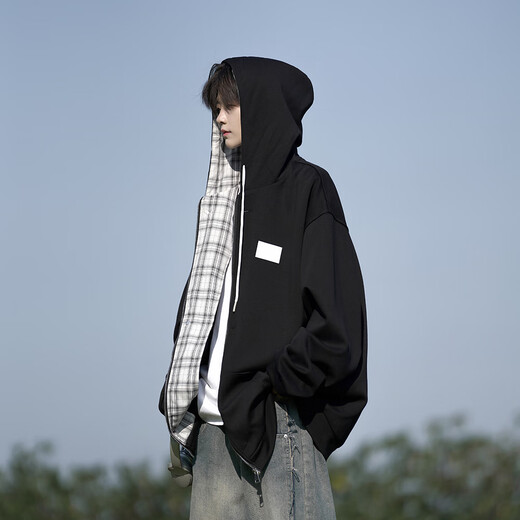 NYING American contrasting color hooded cardigan jacket for men in spring and autumn new fashion brand plaid heavy large size loose sweatshirt top gray XL (125-140Jin Jin equals 0.5 kg)