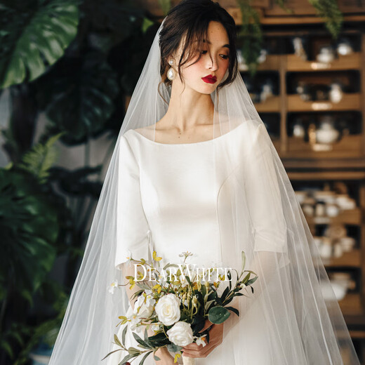 Dearwhite's Love White Velo <Yunling> Long Veil Mopping Floor Bride Satin Basting Vestido de novia principal Titela grande para mujeres 380x300cm 丨 M 175c o superior
