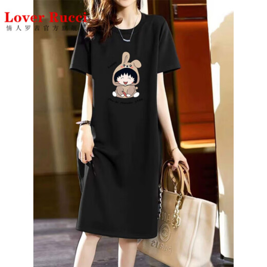 Amante rucci gran tamaño de algodón puro vestido de manga corta para mujeres verano suelto de camiseta delgada falda falda que reduce la edad de la edad de la edad gris oscuro (695 modelos) m