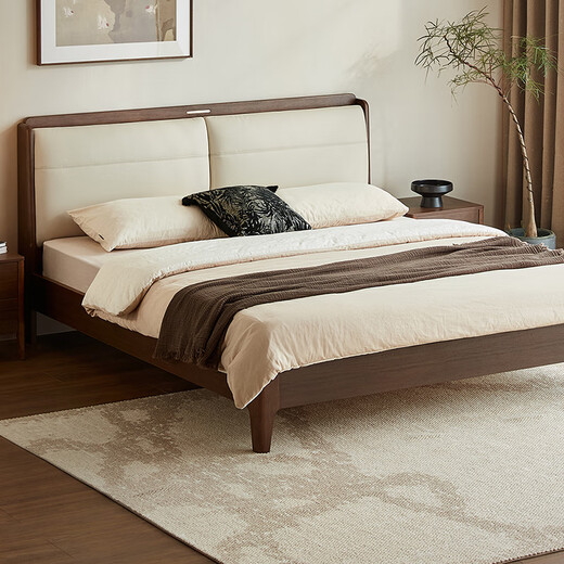 Lin's Home Furnishing New Chinese Style Master Bedroom King Bed 1.8 meters double bed ribbed frame soft bed maple sugar series RC2A