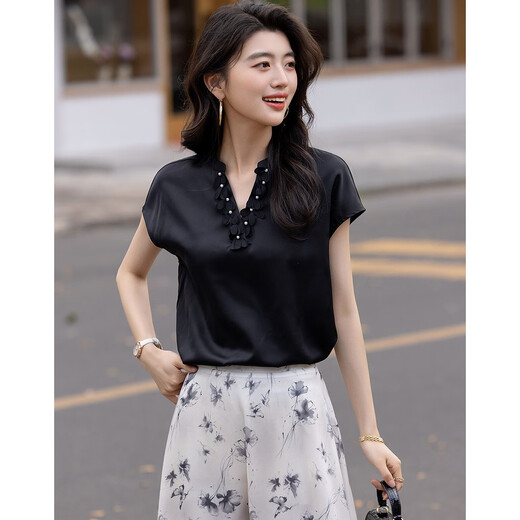 
Demana [Silkly 50D Encrypted Stretch Satin] Summer French Petal Pearl V-neck Shoulder Cover Sleeve Women's Shirt