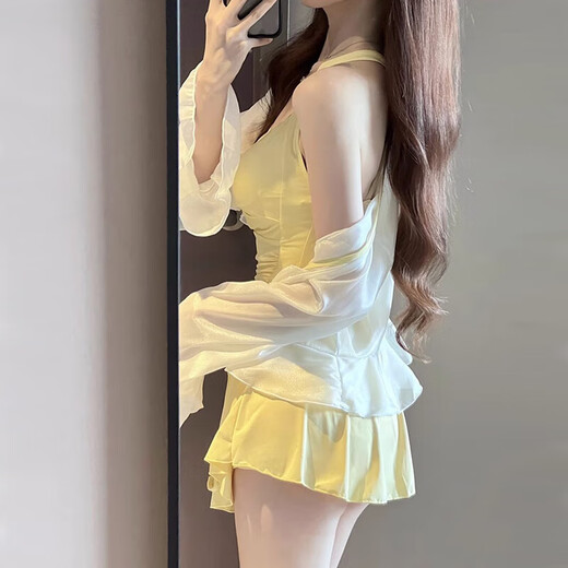 Bai Qixin swimsuit women's one-piece conservative belly-covering slimming long-sleeved sun protection blouse skirt style vacation beach hot spring 2025 Xia Xin yellow blouse two-piece set one size (recommended 70-120 Jin Jin is equal to 0.5 kg)