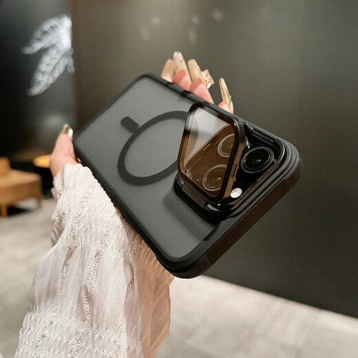韵宁 适用于iPhone15Promax手机壳苹果14pro高级感磁吸无线充13全包翻盖镜头支架17pro磨砂防指纹保护 【钛灰色】护镜支架磨砂磁吸壳 iPhone15Promax