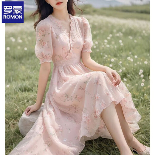 Vestido floral Romon Pink For Women Gentle Style Break French French Beautiful First Love Temperament que abraza a la cintura de hadas Pink M Recomendado 95-115Jin [Jin es igual a 0.5 kg]