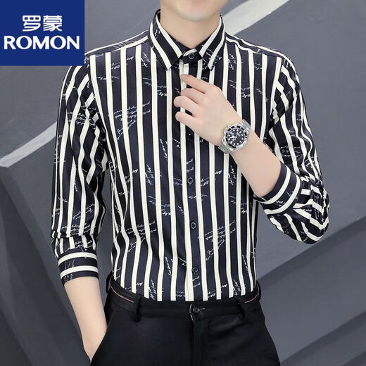 Romon Men's Light Luxury Borded Business Camiseta de manga larga Ropa informal y de pulgada de manga larga de manga larga Slim y Anti-Wrinkle