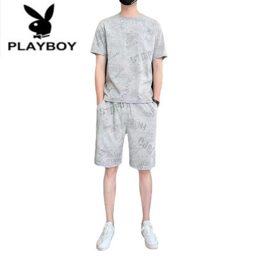 Playboy (Playboy) Pure Cotton 2023 New Ice Seide Kurzarm T-Shirt Set Herren Casual Sports zweiteiler Set Herren Lose Sommer Trend 671 Weißes Set L 110jin [Jin ist 0,5 kg] -130jin [Jin gleich 0,5 kg]