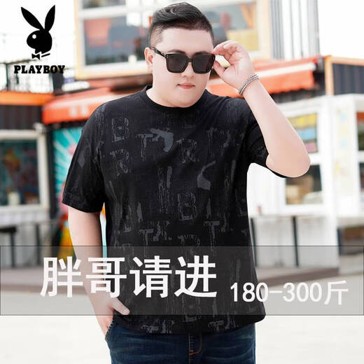 花花公子（PLAYBOY）T恤亲肤丝滑【店铺】加肥加大码胖子棉T恤夏装男士短袖圆领印 9922 黑色 7XL 205(260-280斤)
