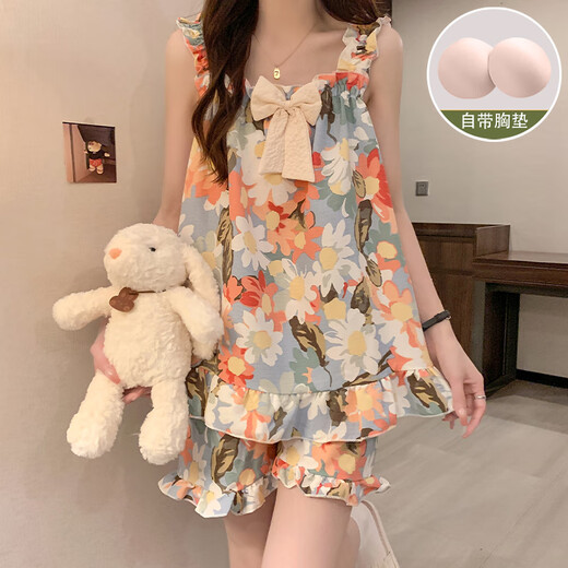 红豆（Hodo）带胸垫睡衣女夏季泡泡棉吊带背心2025新款甜美可爱薄款家居服 T1381 波点小狗 【带胸垫】 M