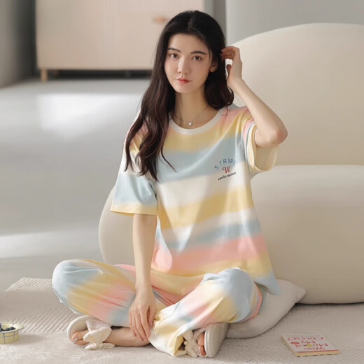 猫人（MiiOW）睡衣女夏季纯棉短袖长裤2025新款夏天女款风家居服套装 NJR-9712 M [建议80-100斤穿]