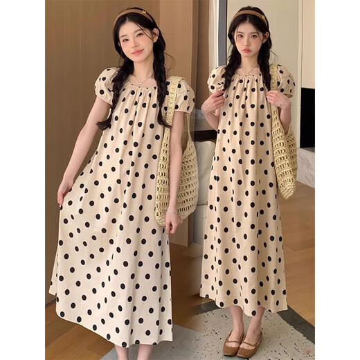 
Yezhi maternity dress 2025 new polka dot dress loose belly-covering large size long skirt puff sleeve summer thin maternity skirt Polka dot maternity skirt [bee] L size