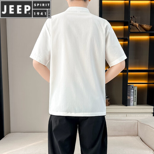 Jeep Spirit Chinese Style Kurzärärmelte T-Shirt-Anzug für Männer gefälschte zweiteilige nationale Trendschnalle bestickte Baumwollwäsche zweiteiler ein Set neuer chinesischer Stand-up-Halsband T 9887 Weiß [Top + Hose] Langarmed M 110jin [Jin gleich 0,5 kg]