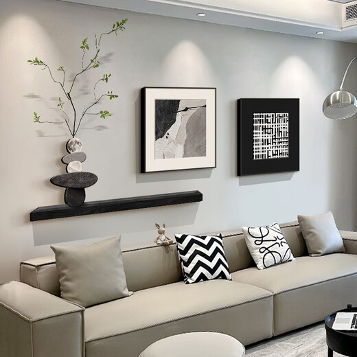 Modern minimalist sofa background wall decoration painting 2025 new living room hanging painting black and white abstract restaurant entrance mural Qingqing Zijin fine carving (85*30)+40*40*2+green plants aluminum alloy modern black frame