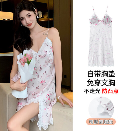 
Langsha pajamas for women in summer new ice and snow silk suspender sexy beautiful back pure and sexy women with chest pad nightgown home clothes AM11964 M