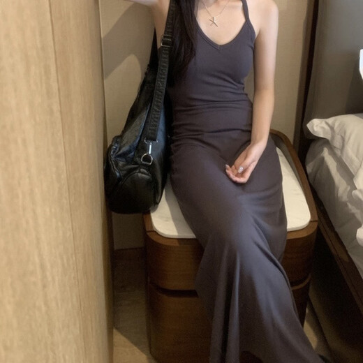 XIANXIU 1391 Vestido de cabestro de cuello estilo recompra para mujeres en verano negro con cintura con almohadilla de pecho de falda larga (con almohadilla de pecho) s