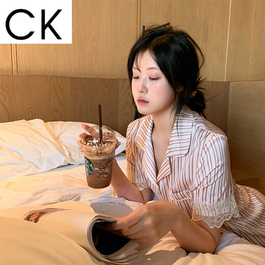 CK lace striped ice silk pajamas for women ins spring and summer ins windy home clothes can be worn outside LW-9214 [fabric] M [recommended 80-100Jin [Jin equals 0.5 kg]]