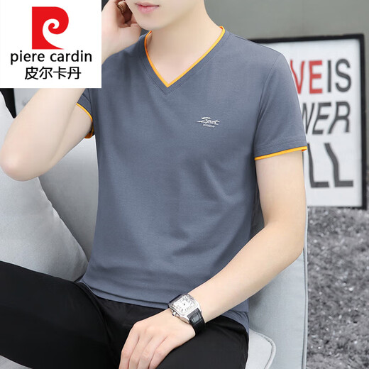 Pierre Cardin трикотажная летняя мужская футболка с короткими рукавами с v-образным вырезом, двухслойный контрастный популярный молодежный топ, простая универсальная рубашка, однотонная, спортивная, белая Q691 M, вес 90-100