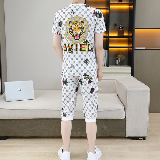 
Pierre CARDIN (PIERRE CARDIN) Men's Ice Silk Cropped Pants Summer Trend 2025 New Style with a Set of Cropped Pants Fashionable Casual Sports Set 826 White M