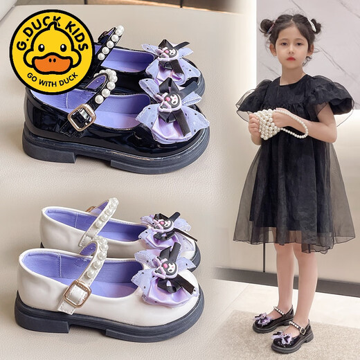 G.duck girls leather shoes 2024 spring and autumn new style children's style bow princess shoes girls beanie shoes Kuromi shoes trendy black 27 inner length 16CM