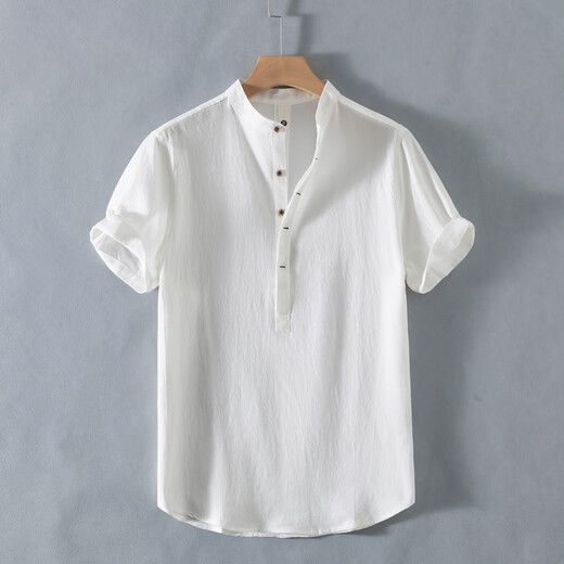 Muji superior product Henry collar linen short-sleeved shirt men's collarless men's cotton and linen shirt t-shirt top polo Muji superior product RC210 black 4XL