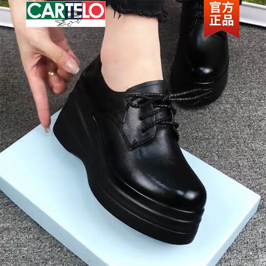 CARTELO brand shoes thick-soled small leather shoes for women 2025 spring and autumn new arrival platform wedge single shoes fashionable mother women's high heels black 38