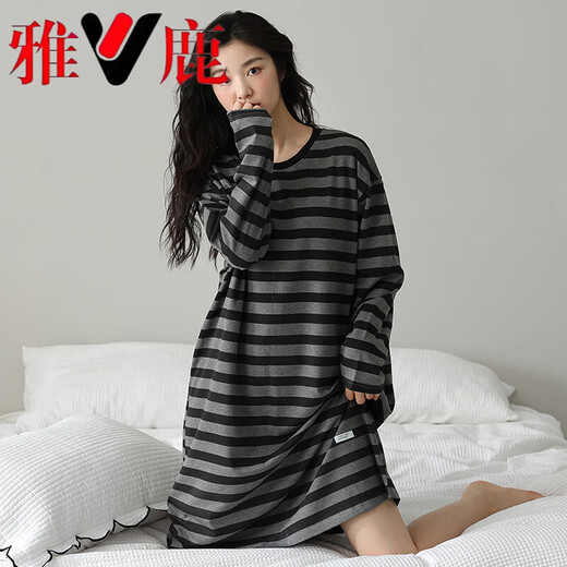 Yalu nightgown for women with long-sleeved cotton design spring and autumn pajamas can be worn on the outside with striped home clothes 2025 Spring and Autumn new style W9765 long-sleeved nightgown XL 110-125Jin [Jin equals 0.5 kg]