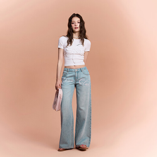 CHUU字母阔腿牛仔裤女2025年夏季新品星星磨破毛边磨白直筒长裤子 浅牛仔蓝 26