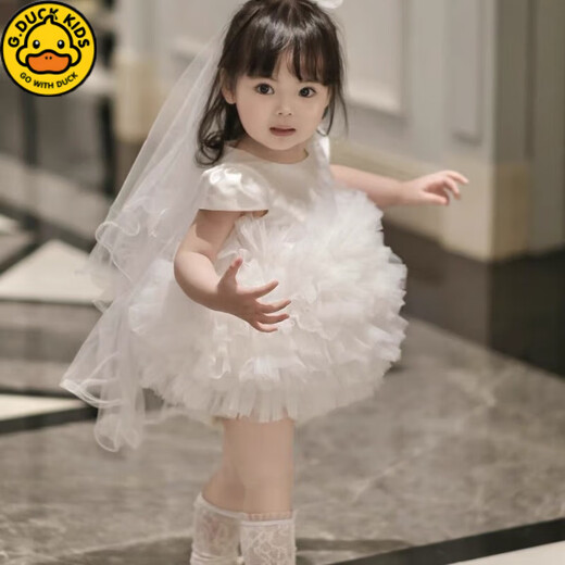 G.duck Children's First Birthday Dress 2025 New Super Fairy and Cute Princess Dress Girls Princess Dress Summer White + Veil 80