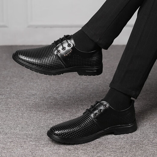Yierkang sandalias masculinas negocios para hombres uso formal de cuero genuino hueco transpirable negros naipes de boda de boda 12357 cuatro temporadas negras 43