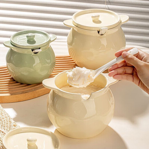 Fat Donglai's same style ceramic canned lard, high temperature resistant lard can with lid, oily spicy can, chili can, large three-piece set, milk green + lid + spoon 1400ml, high temperature resistance, large capacity