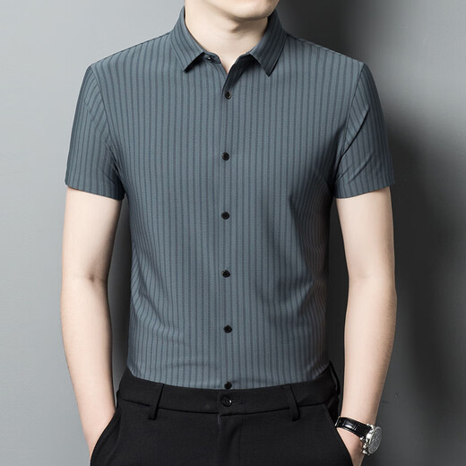 Runnbei High-End-Marken-Männer kurzärmelig gestreiftes Hemd Summer Solid Color Shirt Business Professional Formale Kee G15565 Pine Green M 165_