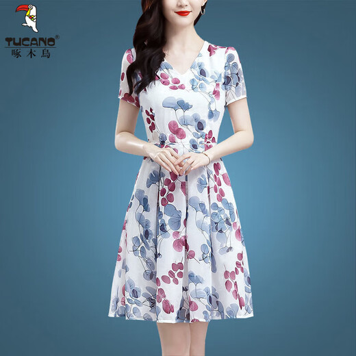Holzspecker Ice Seidenkleid 2025 Neues High-End-Frauenkleidungstemperament Alter reduzierende kurzärmelige Mutter im mittleren Alter im mittleren Alter für Frauen für Frauen Eisseide 9904 Rock 5xl 165-180jin [Jin gleich 0,5 kg]