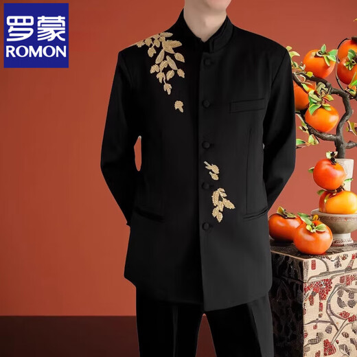 ROMON Haute Couture New Chinese Style Groom's Suit Heavy Industry Handmade Beaded Chinese Style Stand Collar Suit Improved Chinese Tuan Suit Tang Suit Black (Single Suit) 2XL