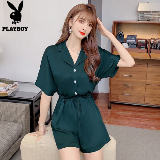 花花公子;PLAYBOY工装雪纺连体裤套装2025夏季新款薄款显瘦阔腿短裤高腰连衣裤女装 墨绿色 2XL