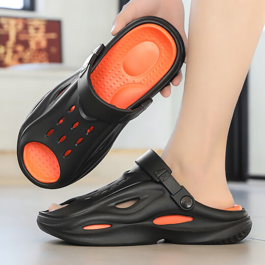 Été masculin 2025 Nouvelle sensation anti-odor et puant sans glissement à l'extérieur, portant des demi-glisseurs, des sandales de plage de conduite épaisse, Black Orange 42 (42-43)