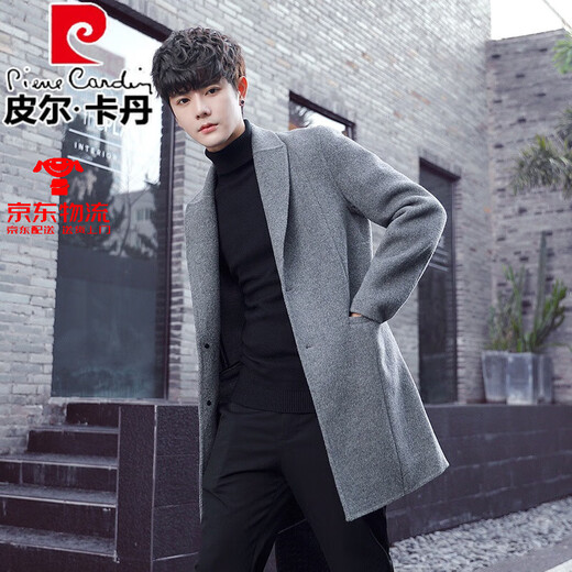Pierre cardin high-end double-sided wool woolen coat for men's mid-length 100% pure wool woolen coat Korean style windbreaker winter 2034 light gray (100% pure wool) XL 155-175Jin [Jin equals 0.5 kg]