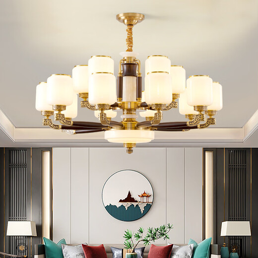 Lescot new Chinese-style jade living room chandelier Chinese style black gold solid wood villa main lamp restaurant lamp large SN3890 solid copper head 40 head high-end copper + wood