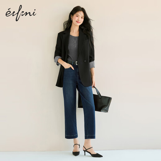 Eifli (Eifini) Eifli Frauen universeller elastischer Denim -Stoff beliebte Upgrade mit Breitfuß -Design Zigarettenhose 2025 Herbst neuer Stil Dunkelblau S