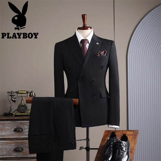 Playboy 2025 Winter New White Suit Suit Men's Business Formal Fit Stripe Suit Wedding Engagement Dress Morning Mist Gray Three-piece Suit 4XL 58