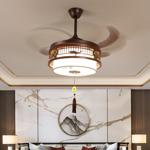 CLCEY新中式风扇吊灯卧室客厅实木隐形家用中国风复古电扇变频餐厅吊灯 9896三色48寸直流变频静音纯铜