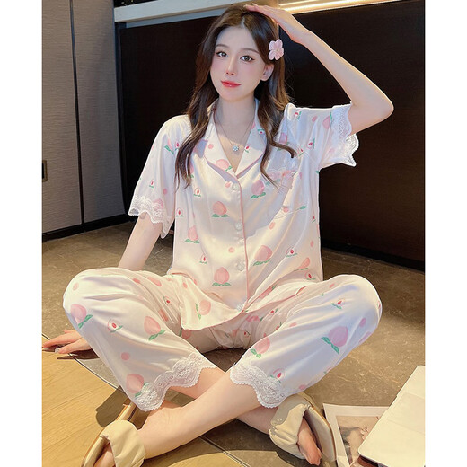 浪莎水蜜桃蕾丝睡衣女夏款冰丝滑感短袖长裤甜美家居 YFY-9905#短袖长裤 L 建议100-115斤