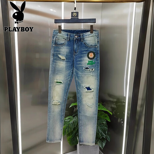 花花公子（PLAYBOY）高端高弹力牛仔裤男士春夏季破洞刺绣修身小脚浅色百搭长裤子男 浅蓝色 3890【高弹性】 31 【建议125-135斤】