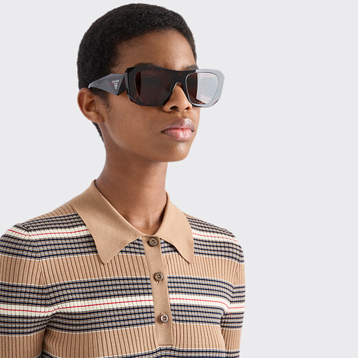 PRADA/Prada gift women's striped cotton Polo sweater camel brown 36