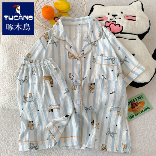 Woodpecker 2025 new pure cotton gauze pajamas for women in summer short-sleeved three-piece set cute style striped dachshund dog home clothes Yunduo Cotton-J9901# Paradise Puppy Three-piece Set M [Suggestion 75-100Jin[Jin equals 0.5 kg]]