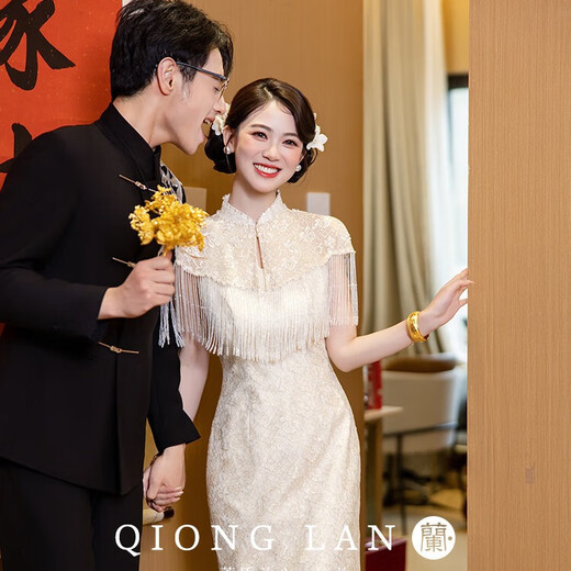 Libaixin high-end champagne color engagement cheongsam 2025 new national style certificate dress bride wedding toast suit autumn champagne color M recommended 90-100Jin Jin equals 0.5 kg