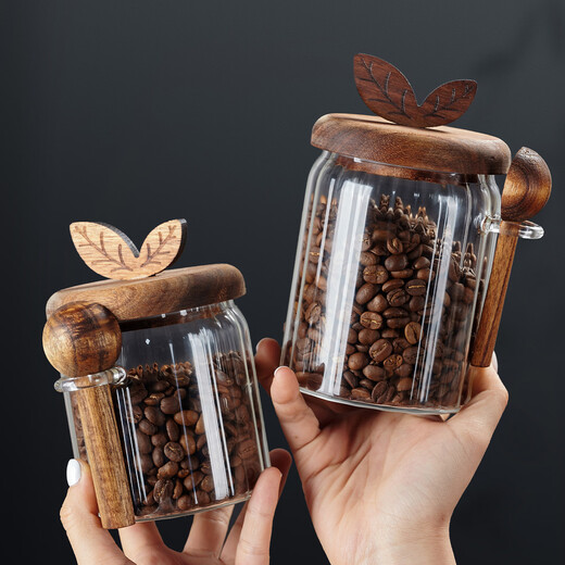 LeCali glass coffee powder sealed jar coffee bean storage jar portable food grade tea storage storage jar with spoon jar high borosilicate glass 800ml-with wooden spoon